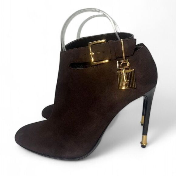 TOM FORD Brown Suede Almond Toe Padlock Ankle Strap Booties Size EU38.5 - Picture 8 of 14
